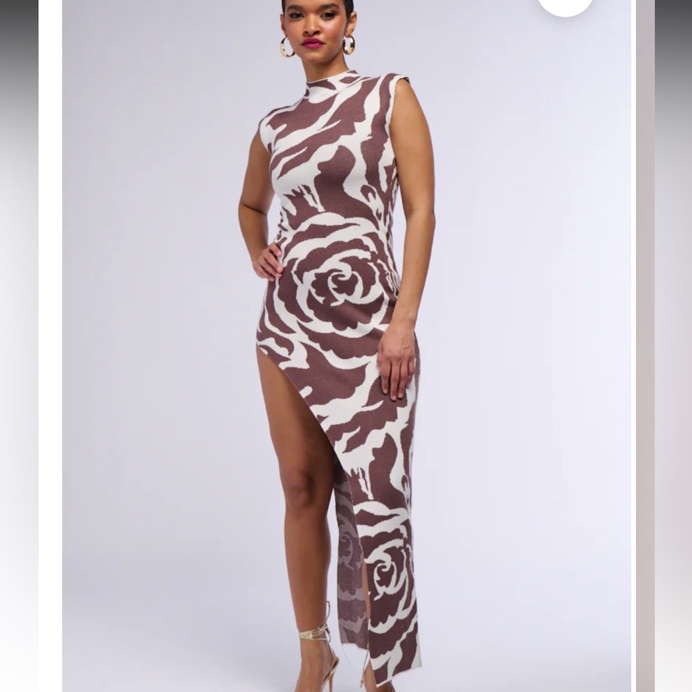 Akira CAUGHT MY EYE MOCK NECK KNIT SIDE SLIT MAXI DRESS brown white floral S
